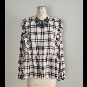 LOFT Ruffles Plaid Printed Peplum Top